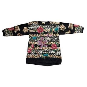 Vintage Hand Knit Sweater Medium Chunky Colorful Floral 90s Cottagecore Fall